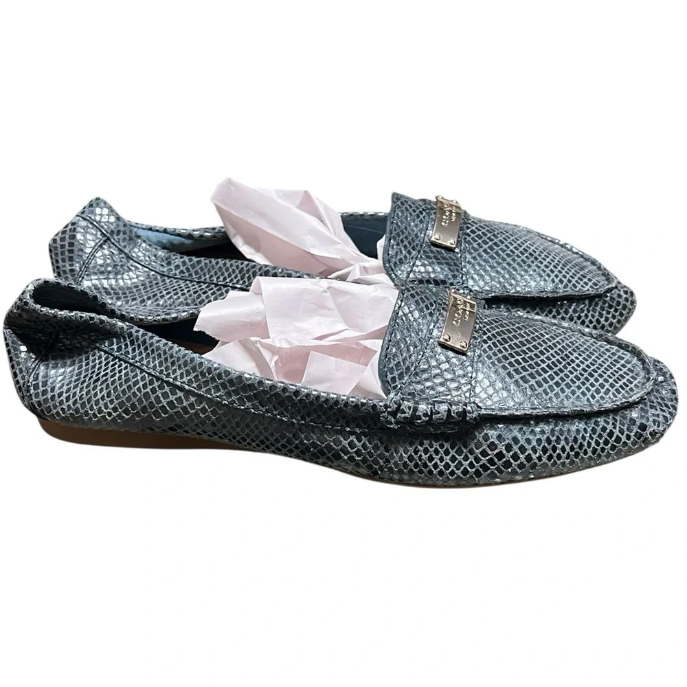 Coach Fredrica blue iridescent snake print leather logo loafers Y2K